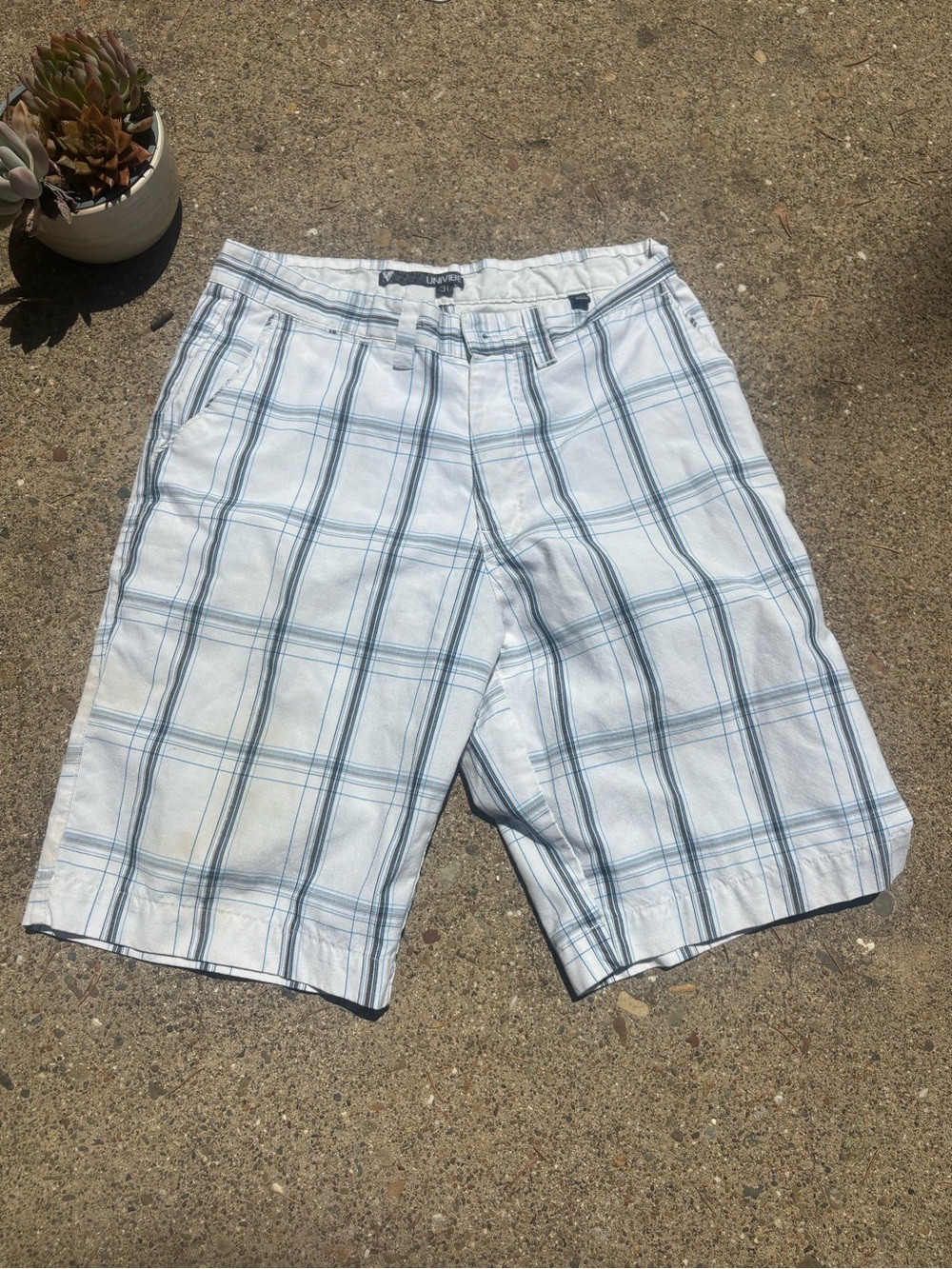 Vintage Surf Wear Beach White and Blue Plaid  Board Shorts  Waist 31